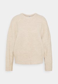 Beige pruhovaný svetr s volným střihem, kulatým výstřihem a dlouhými rukávy. Měkká textura, minimalistický design a žádné viditelné kování nebo ozdoby.