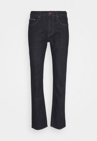 Dark blue denim jeans with a straight leg design. Features include a button closure, belt loops, and classic five-pocket styling.