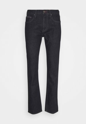 Dark blue denim jeans with a straight leg design. Features include a button closure, belt loops, and classic five-pocket styling.