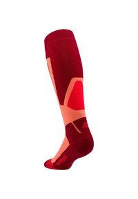 Calza compressiva rossa e pesca con motivo geometrico. Realizzata in tessuto elasticizzato, con marchio CEP sulla suola. Lunghezza a metà polpaccio.