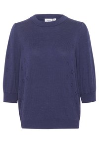 Marinblå stickad tröja med korta puffärmar, rund halsringning och små utskurna blommönster genom hela tyget. Maskin etikett synlig.