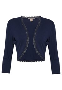 Mörkblå kort cardigan i mjukt tyg, med spetsdetaljer längs halsringning och nederkant, längsgivna ärmar och öppen frontdesign.