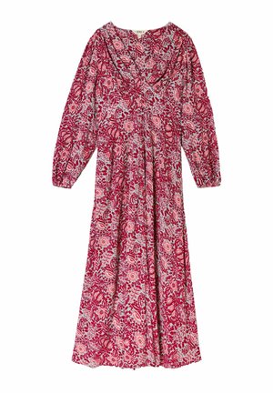 Rochie lungă cu mâneci lungi, cu motive florale în nuanțe de roșu și roz, cu decolteu în V și talie adunată, realizată dintr-un material ușor, cu un design fluid.