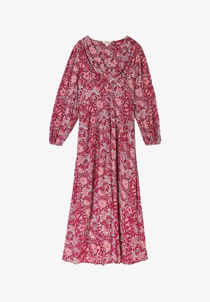 Vestido floral de manga larga en tonos rojos y rosas, con escote en V y cintura fruncida, confeccionado en tela ligera con un diseño fluido.