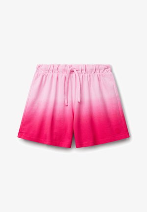 Pantaloni corti rosa con un design a gradiente che passa dal rosa chiaro al rosa scuro. Vita elastica con cordino, realizzati in tessuto morbido.