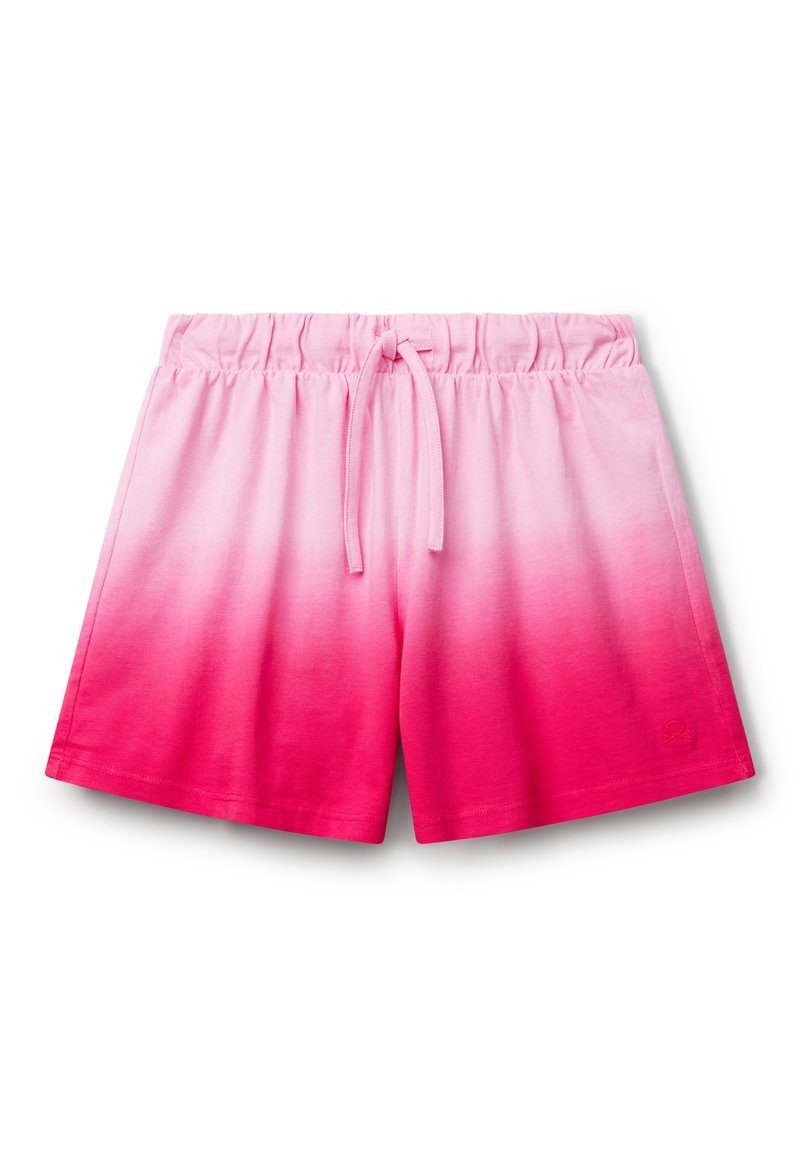 Rosa Shorts mit einem Farbverlauf von Hellrosa zu Dunkelrosa. Elastischer Bund mit Kordelzug, aus weichem Stoff gefertigt.