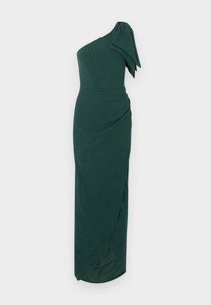 Robe longue vert foncé à une épaule avec un grand nœud décoratif sur l'épaule et une silhouette ajustée froncée.