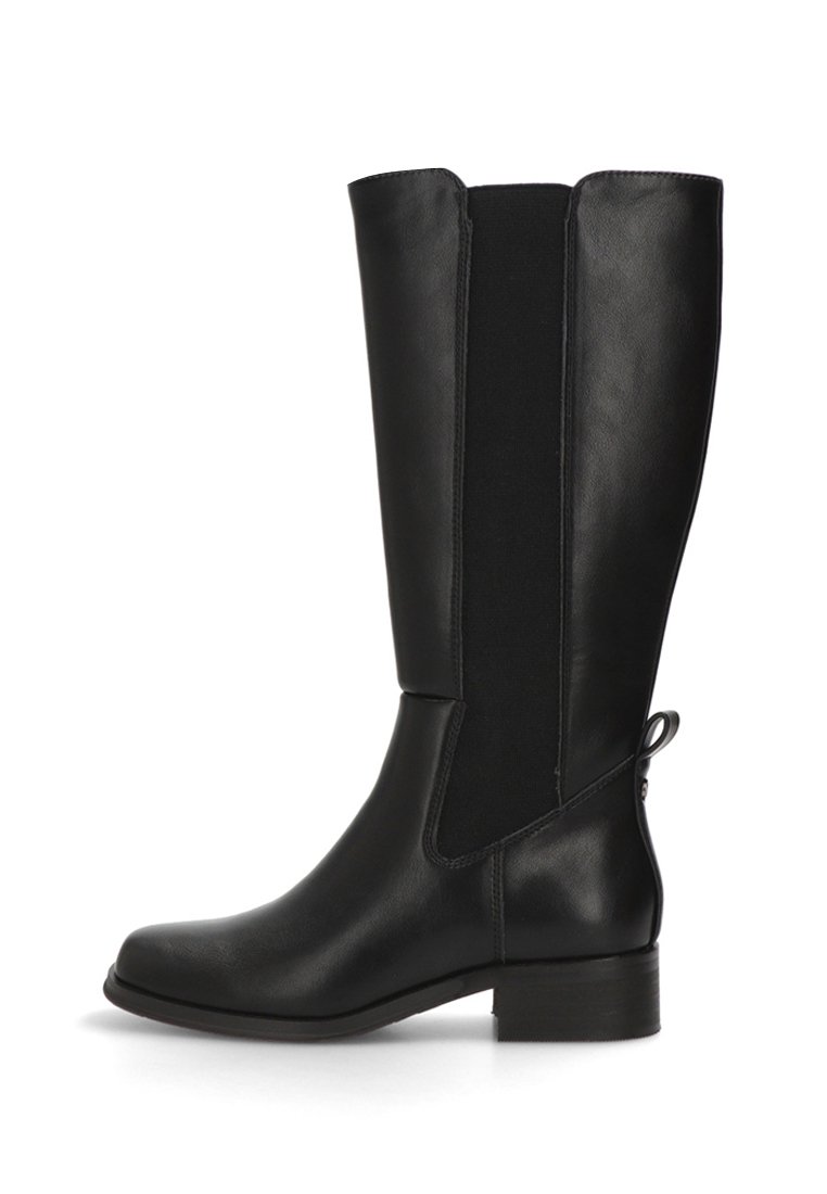 Botas de cuero negras hasta la rodilla con paneles laterales elásticos, punta redonda, tacón bajo y una tirador en la parte trasera para ponerlas y quitarlas con facilidad. Textura suave.