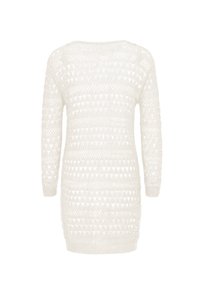 Vitt stickat klänning i sweater-stil med en texturerad design med triangelmönster, långa ärmar och rundad halsringning.