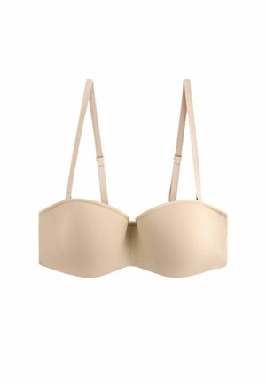 Beige strapless beha van gladde stof, met gevormde cups, verstelbare dunne banden en een naadloos ontwerp met een subtiele glans.