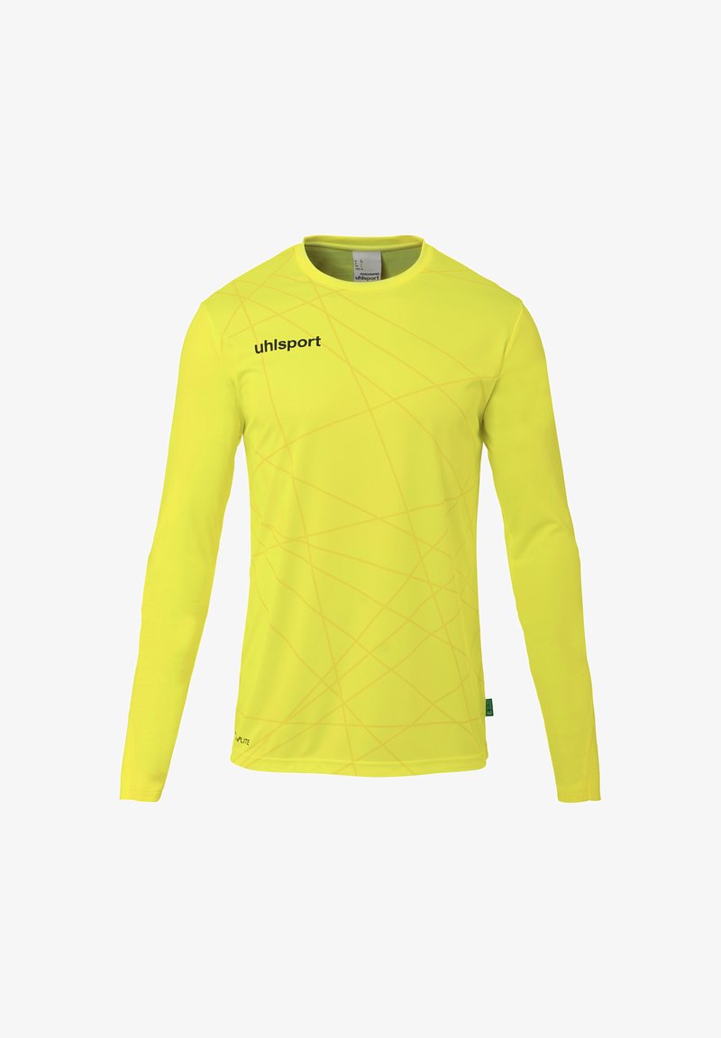 Langsleeve sportshirt in fel geel, gemaakt van lichtgewicht stof. Beschikt over subtiele diagonale lijnen en een zwart "uhlsport" logo.