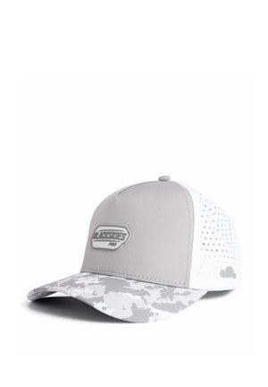 Light gray and white baseball cap with perforated back panels and camouflage-patterned curved brim, featuring a "BLACKSKIES PRO" logo badge on front.