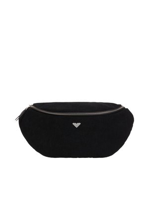 Black corduroy waist bag with a curved silver zipper and a small silver heart-shaped emblem in the center.