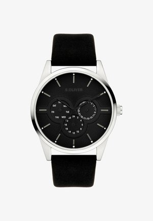 Schwarze Armbanduhr mit silbernem Gehäuse, drei kleinen Anzeigen für Tag, Datum und 24-Stunden-Zeit sowie schwarzem Lederarmband.