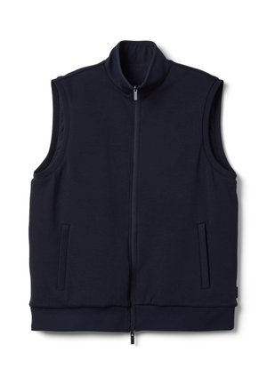 Navy blue sleeveless vest with high collar, full front zipper, and two vertical side pockets, laid flat on a white background.