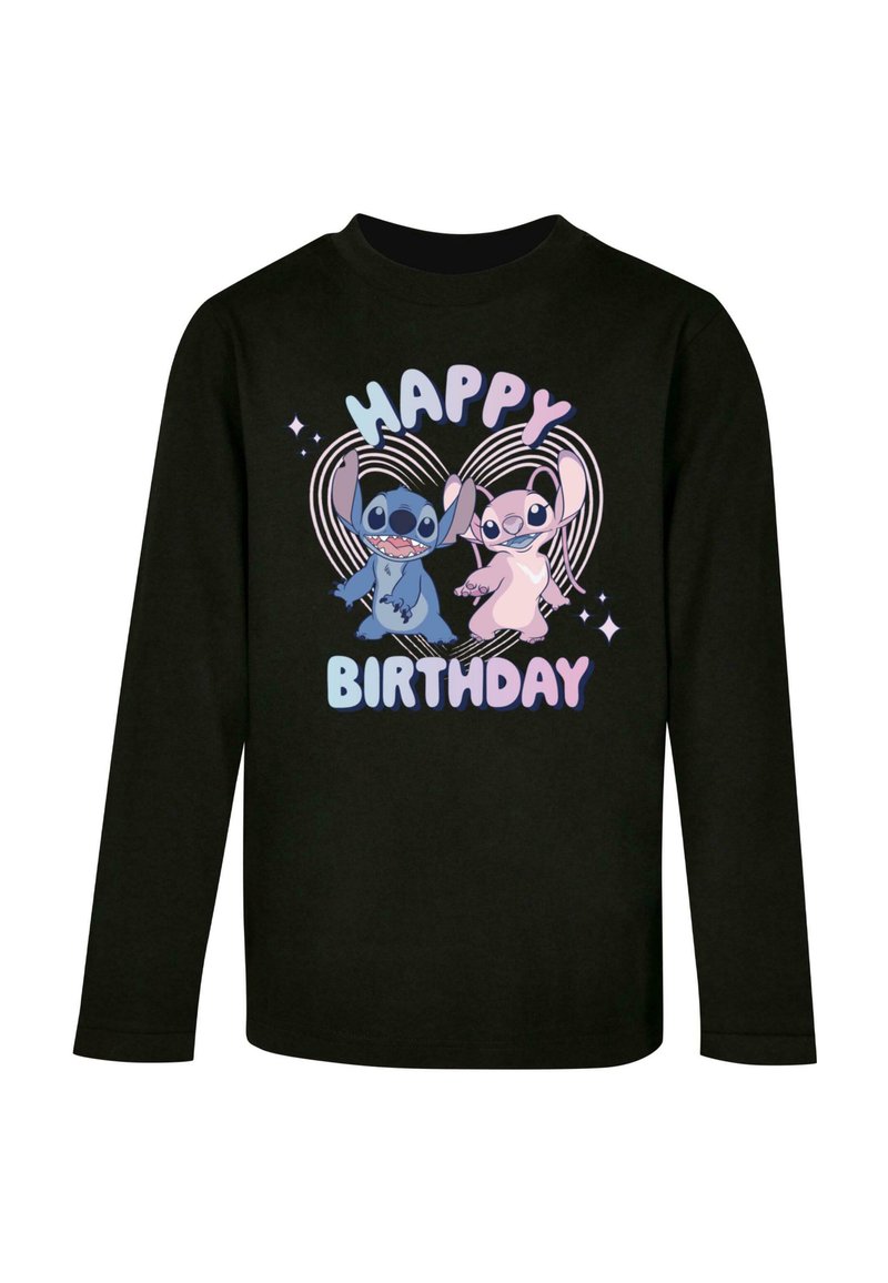 Must mustavariant pikkade varrukatega särk, millel on koomiksitegelased käed püsti, tekst "HAPPY BIRTHDAY" pastelltoonides, ümbritsetud südamekontuuridega.