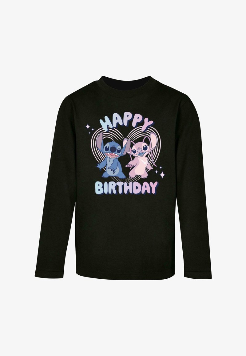 Schwarzes Langarmshirt mit Cartoonfiguren mit erhobenen Armen, Text "HERZLICHEN GLÜCKWUNSCH" in Pastellfarben, umgeben von Herzumrandungen.