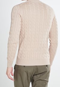 Hellbeige Kabelstrickpullover mit rundem Halsausschnitt und gerippten Bündchen und Saum. Das Material wirkt weich und hat ein strukturiertes Muster.