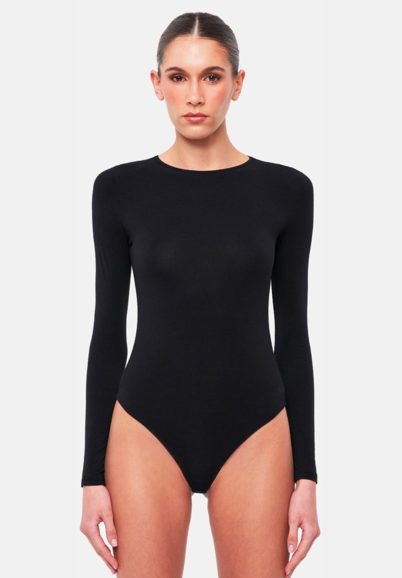 Zwarte longsleeve bodysuit gemaakt van zachte stof, met een ronde halslijn en een aansluitend ontwerp, voorzien van een hoge beenopening.