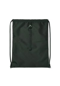 Dark green drawstring bag made of durable fabric. Features a toggle closure at the top and two adjustable shoulder straps. Smooth texture.