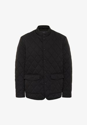 Quilted black jacket featuring a stand collar, front button closure, and two patch pockets with flaps. Smooth fabric texture.