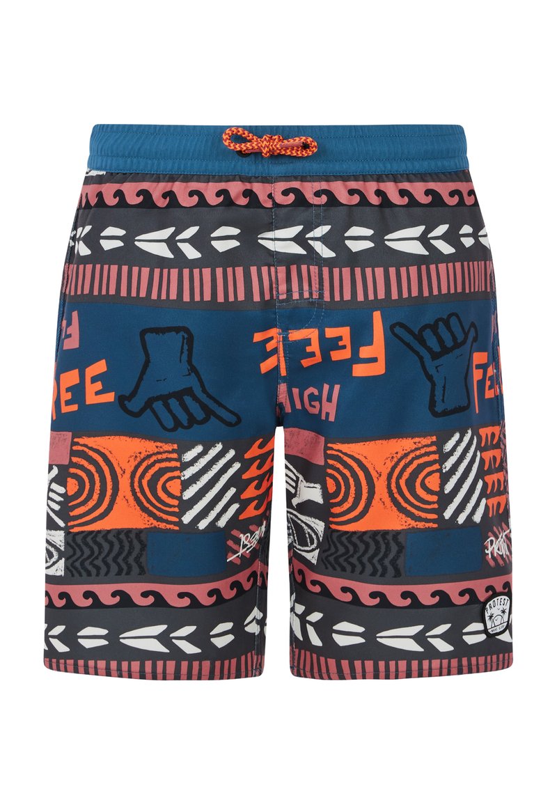 Zwemshorts met een grafisch patroon in blauw, oranje en zwart, met verschillende texturen en ontwerpen. Inclusief een verstelbare oranje trekkoord.
