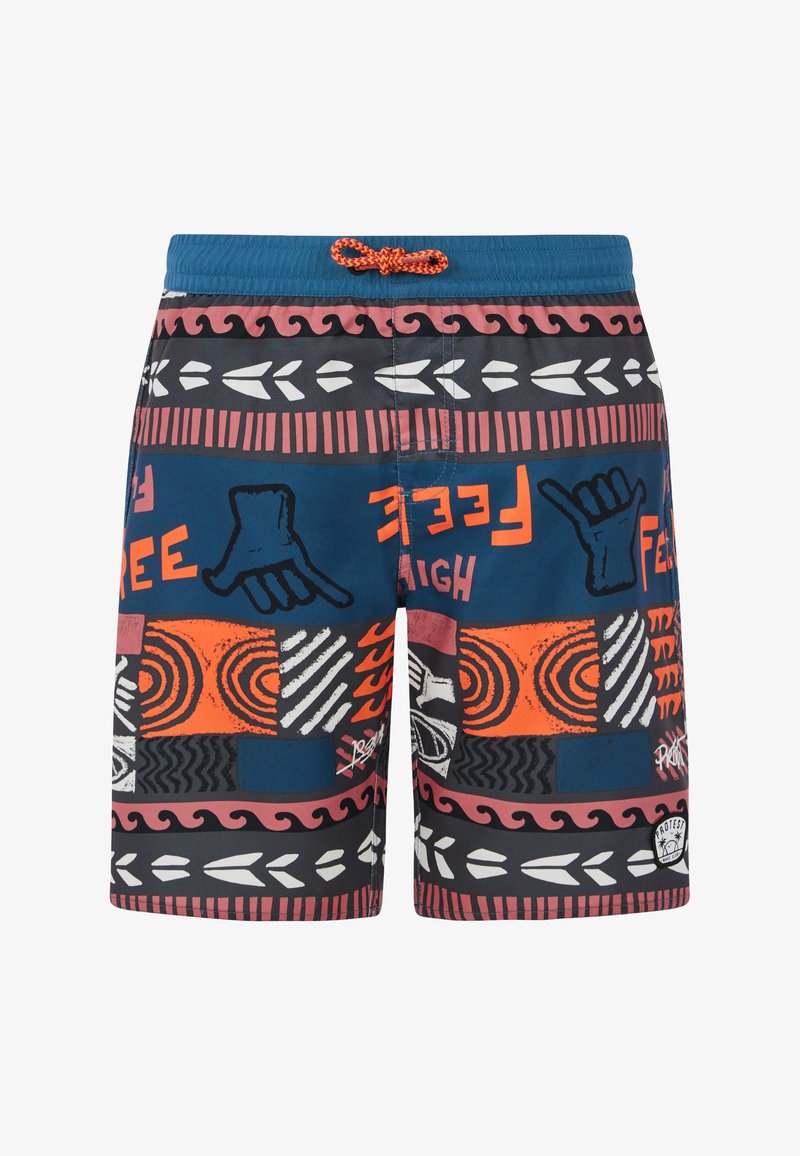 Maudymosi šortai su mėlyna, oranžine ir juoda grafine raštu, kuriame yra įvairių tekstūrų ir dizainų. Įeina reguliuojama oranžinė raištelė.