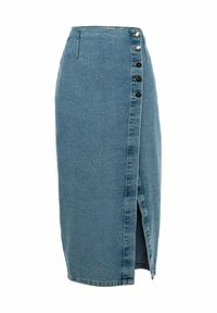Denim rok in lichtblauw met een voorste split, voorzien van een zijknopen sluiting en een gestructureerd ontwerp.