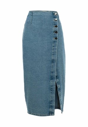 Denim rok in lichtblauw met een voorste split, voorzien van een zijknopen sluiting en een gestructureerd ontwerp.