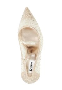 Pointed-toe pump in cream with a beaded upper and metallic gold lining. Features a slip-on design and smooth texture with embellishments.