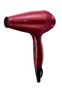 Secador de pelo Remington Silk rojo con un acabado brillante, nariz cónica, mango ergonómico y botones para ajustes de calor y función turbo.