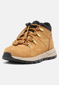 Chaussure de randonnée en suede tan avec un col en textile noir, des accents en métal doré et une semelle en caoutchouc noir robuste. Équipée d'un système de laçage sécurisé.