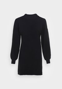 Svart stickad klänning med hög krage, långa ballongärmar och ribbade manschetter; har en avslappnad passform och en slät textur.