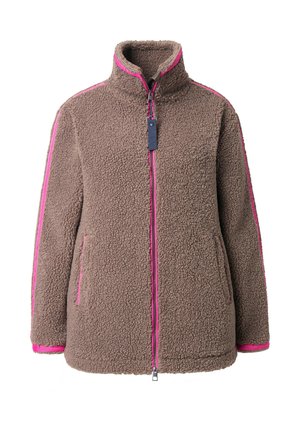 Bruine fleec jas met roze ritssluiting, afwerking langs de mouwen, zakken en kraag, met een staande kraag en gestructureerde stof.