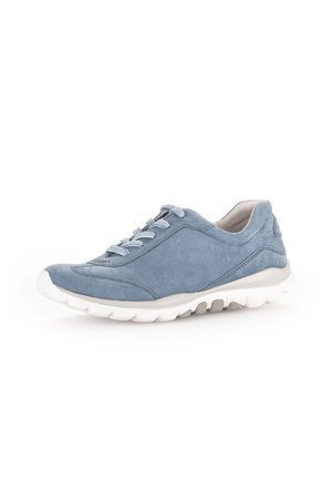Blue leather sneaker with contrasting light blue laces, white rubber sole, smooth texture, and rounded toe design.