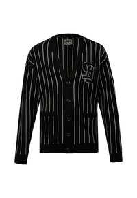Zwarte cardigan met witte verticale strepen, v-hals, lange mouwen, twee voorzakken en een patch met letters op de bovenste linkerzijde.