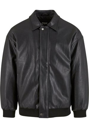 Veste noire en simili cuir avec manches longues, poignets et ourlet côtelés, col, fermeture à boutons-pression devant et doublure matelassée.