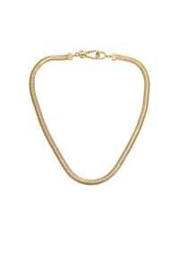 Collana in metallo color oro, design a catena curva a forma di serpente, superficie liscia, chiusura con moschettone, con una finitura lucida.