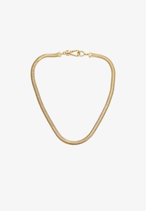 Guldtonet metal halskæde, buet slangekæde design, glat tekstur, fastgjort med en lobster clasp, der har en poleret finish.