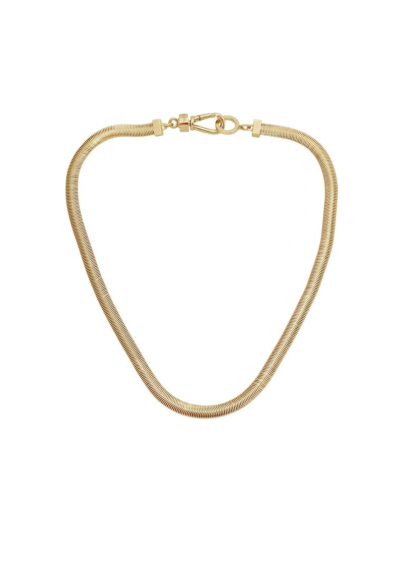 Collana in metallo color oro, design a catena curva a forma di serpente, superficie liscia, chiusura con moschettone, con una finitura lucida.