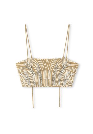 Beżowy top w stylu crop z koralikami, z białymi haftami i srebrnymi zdobieniami, z regulowanymi ramiączkami i usztywnionym krojem.