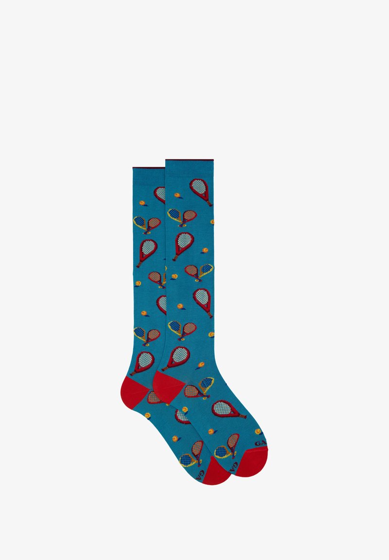 Knee-length socks in bright blue with red accents, featuring a pattern of tennis rackets and balls in multiple colors. Soft knit texture.