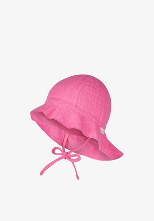Pink textured baby sun hat with a ruffled brim and chin ties, designed for sun protection.
