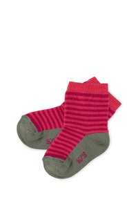 Gestreifte Socken mit einem oberen Teil in Rosa und Dunkelrosa sowie grünen Akzenten an Zehen und Ferse. GerippterBund für einen sicheren Sitz. Größe 16-18.