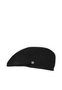 Casquette plate en laine noire avec une forme élégante et arrondie, ornée d'un petit logo métallique sur le côté et d'une texture lisse.