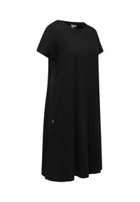 Sort kortærmet A-formet kjole med rund halsudskæring, løs pasform og knælængde.