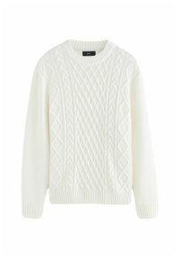 Weißer Kabelstrickpullover mit strukturierten Mustern und einem gerippten Rundhalsausschnitt. Die Ärmel und der Saum sind gerippt, was eine enganliegende Passform bietet.