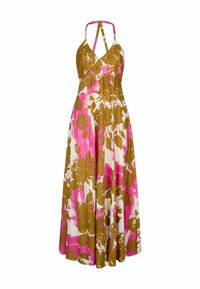Robe longue dos nu avec imprimé floral rose et vert olive sur fond blanc, avec un buste froncé et une jupe fluide.
