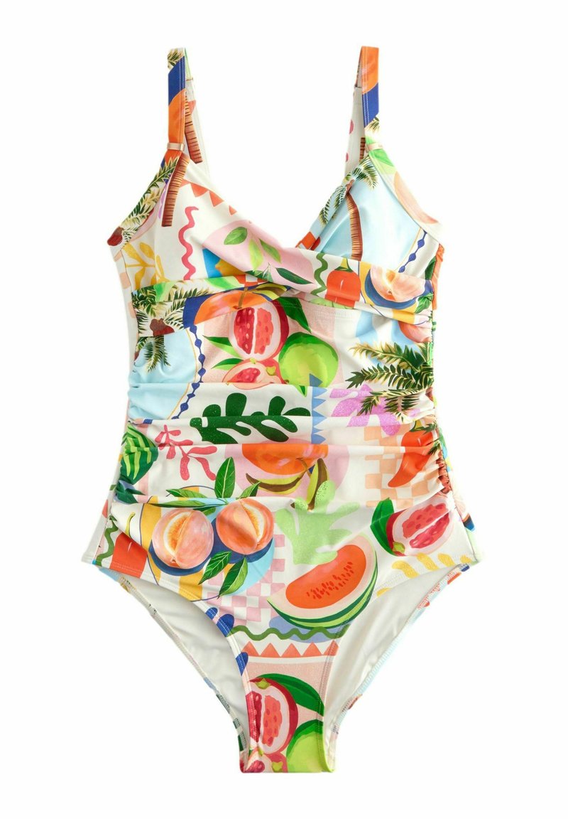 Maillot de bain une pièce avec motifs colorés de fruits et de feuilles, bretelles réglables et détail froncé à la taille sur fond blanc.