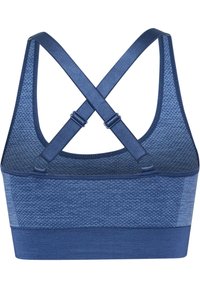 Mörkblå sportbh med en texturerad meshdesign. Har korskorsad rygg och justerbara remmar, tillverkad av ett.Stretchy och andningsbart tyg.
